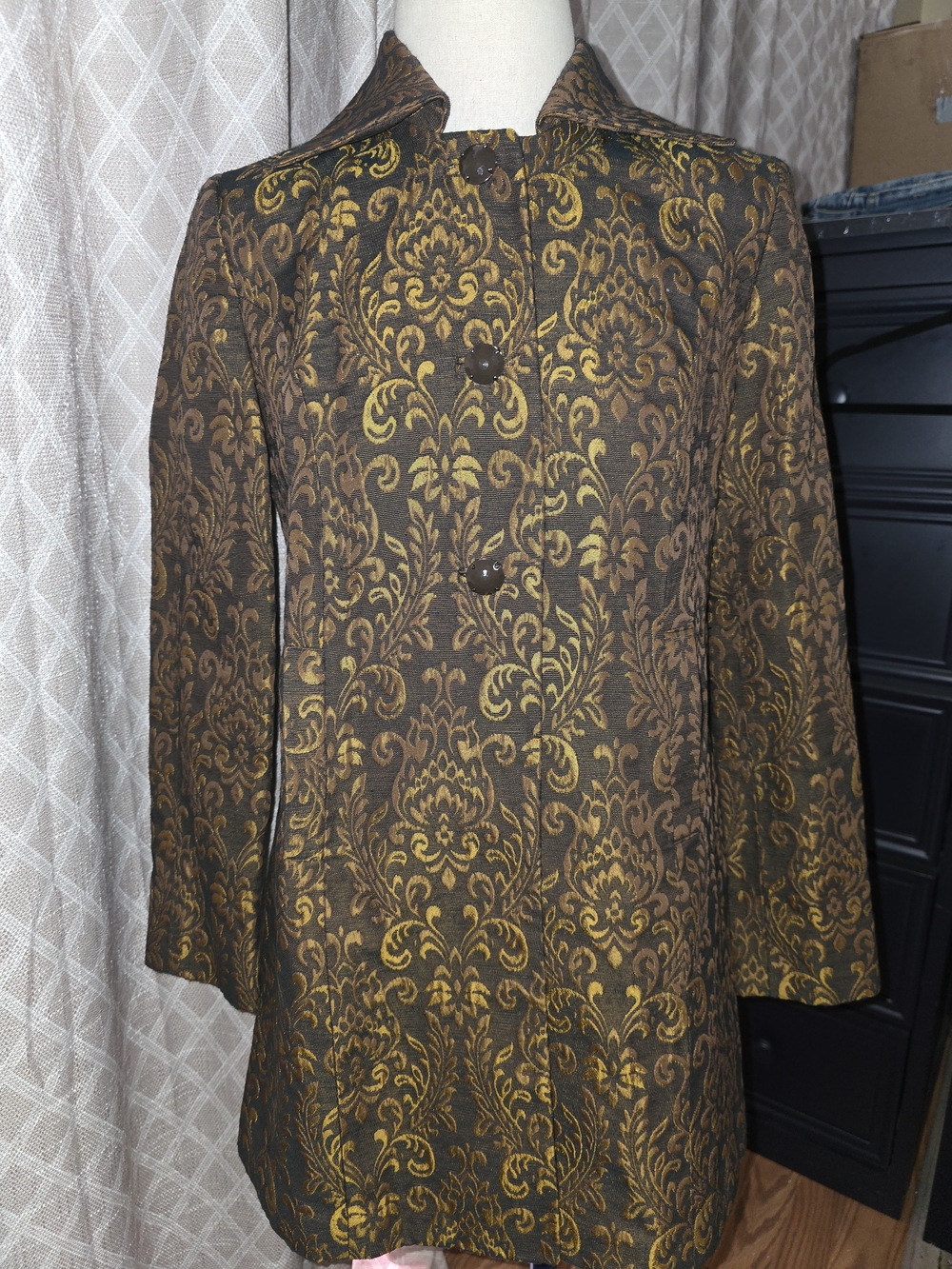 Ideology Brown & Gold Brocade Pea Coat